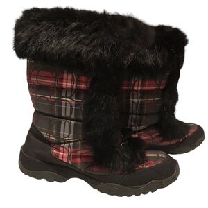 COACH Jennie Women’s Black Rabbit Fur Trimmed Plaid‎ Lace Up Snow Boots - Size 8